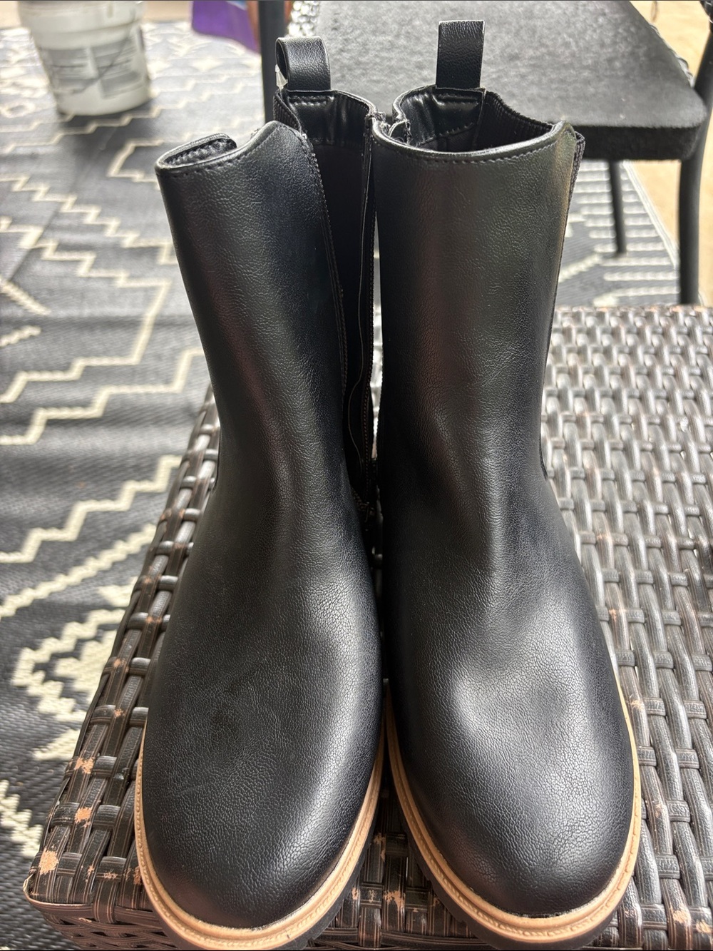 Black Faux Leather Ankle Boots with Tan Welt